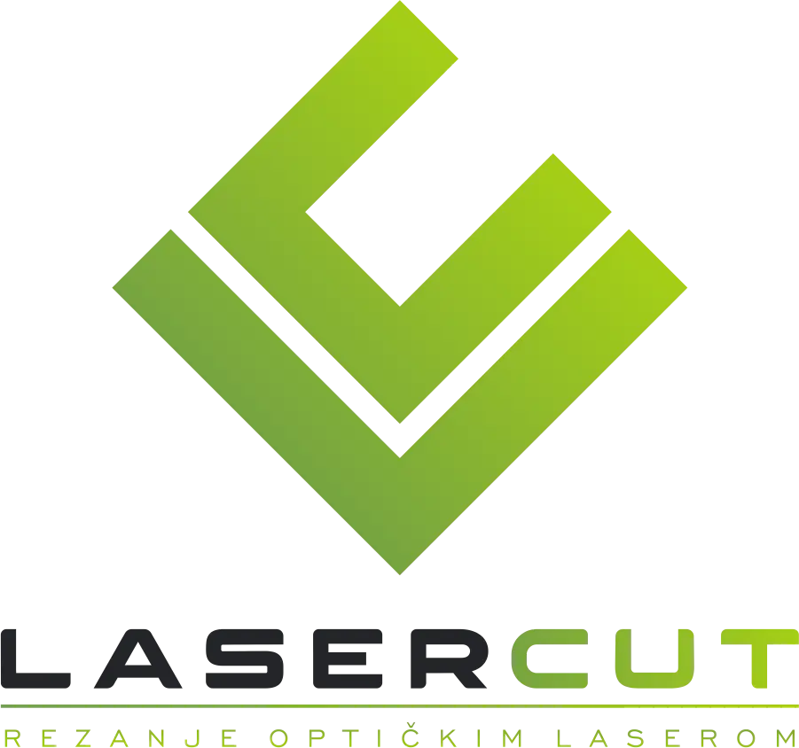 Logotip sadrži apstraktni simbol u nijansama zelene boje iznad natpisa "LASERCUT" gdje je "LASER" u crnoj, a "CUT" u zelenoj boji. Ispod piše "REZANJE OPTIČKIM LASEROM" sitnim slovima u zelenoj boji.