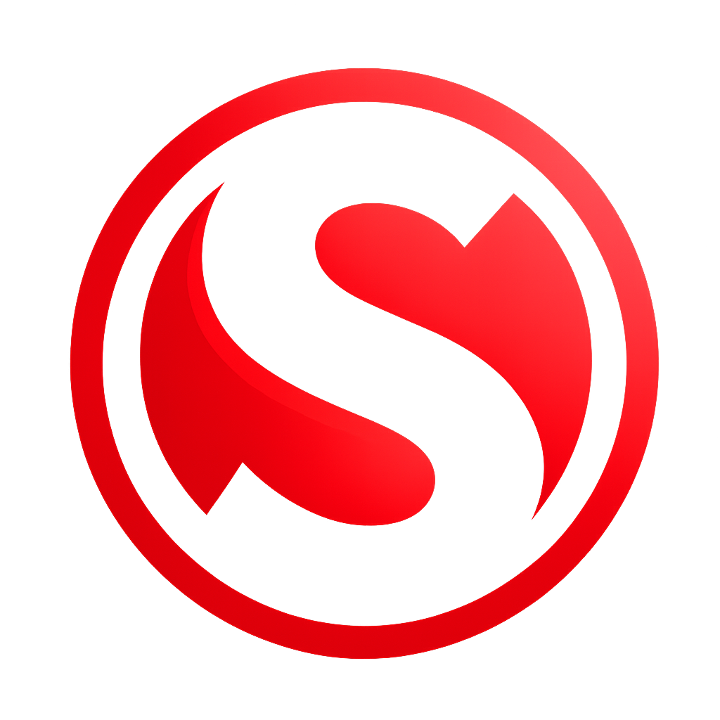 Red logo with stylized letters