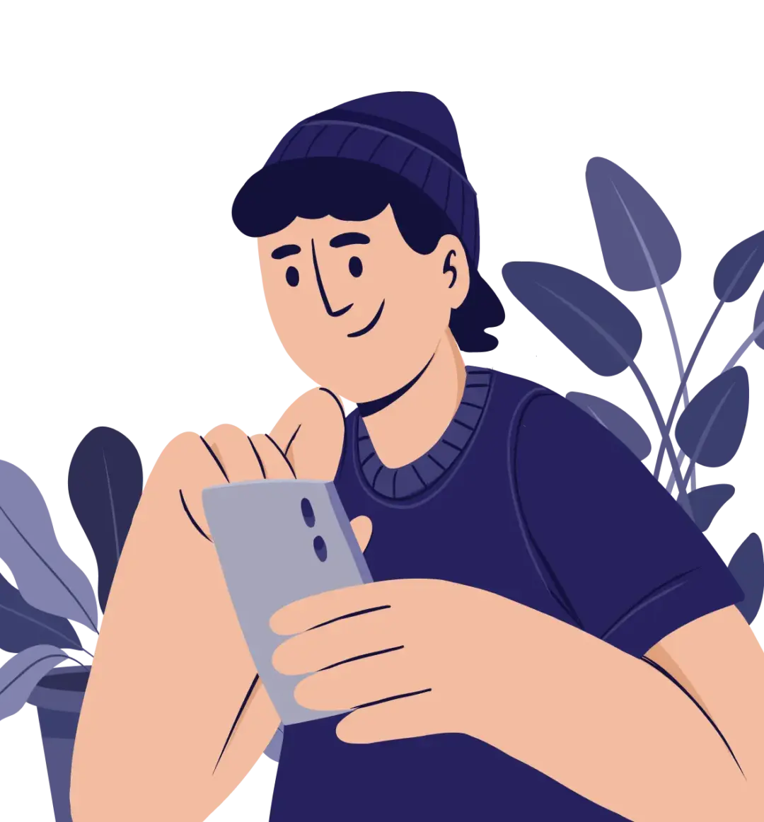 Ilustracija osobe s kapom kako drži mobitel, okružena biljkama u pozadini.